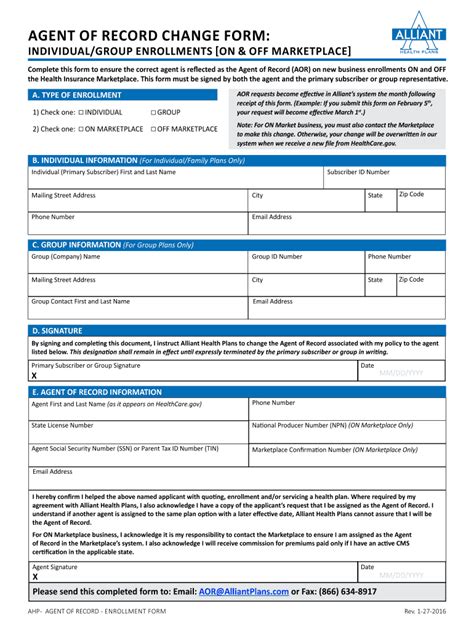 Fillable Online AGENT OF RECORD CHANGE FORM - Home Page - Alliant Fax ...