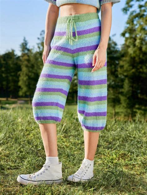 Skyraze Casual Mohair Colorful Striped Drawstring Waist Knit Pants ...