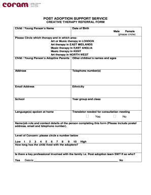 Fillable Online POST ADOPTION SUPPORT SERVICE CREATIVE THERAPY REFERRAL ...