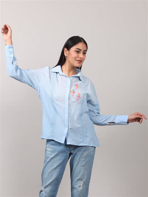 Blue Ombre Cotton Full-Sleeve Shirt with Hand-Embroidered Anchor Work ...