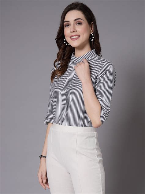 Style Quotient Women Gray and White Stripe Polycotton Smart Formal top ...