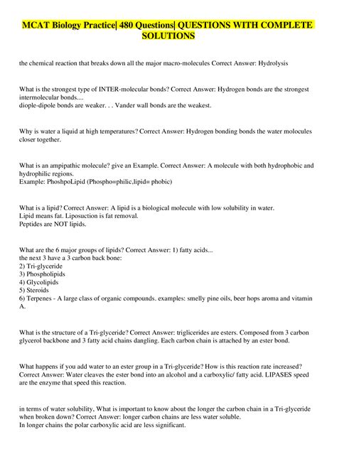 MCAT Biology Practice| 480 Questions| QUESTIONS WITH COMPLETE SOLUTIONS ...