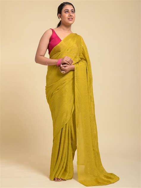 Mustard Viscose Georgette Saree with Tar Zari Work & Red Satin Blouse ...