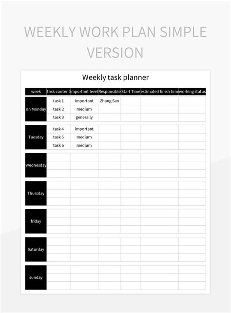 Image result for Weekly Work Plan Template Excel