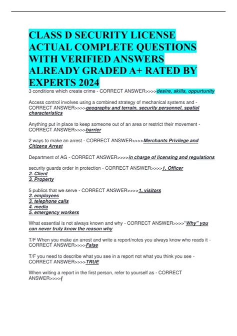 CLASS D SECURITY LICENSE ACTUAL COMPLETE QUESTIONS WITH VERIFIED ANSWERS ALREADY GRADED A+ RATED ...