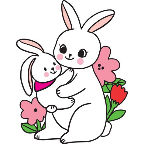Cartoon cute mom and baby rabbit and flower clipart 21221525 PNG
