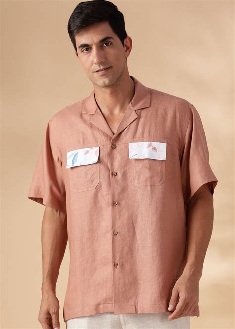 Fondue Pink Pure Linen Cuban Collar Shirt with Printed Flap Pockets for ...
