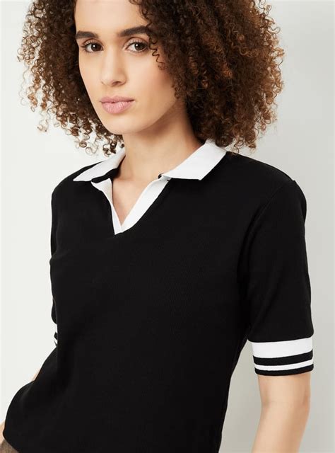 Buy Women Ribbed Athleisure Polo T-shirt Online at just Rs. 499.0 ...