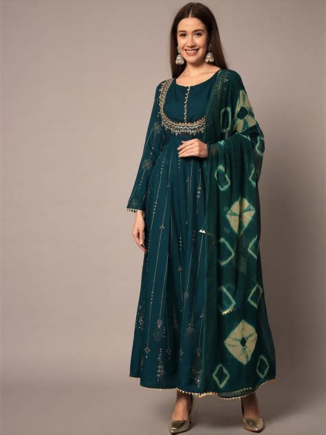 Meeranshi Ethnic Motifs Printed Embroidered Maxi Dress With Dupatta ...