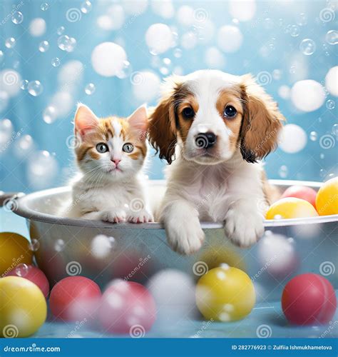 Funny Dog Puppy and Kitten Sitting in Bath with Soap Bubbles. Pet Care ...