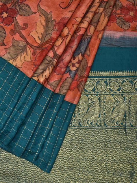 Rust Kalamkari Hand Painted Gadwal Silk Handloom Saree with Ganga-Jamu ...