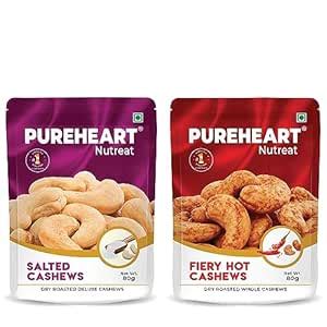 Pureheart Nutreat Combo of Roasted Fiery Hot Cashews (80 gm) & Salted ...