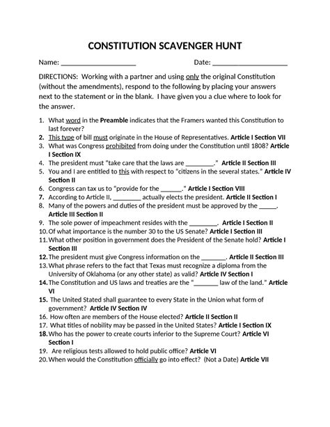 Constitution Scavenger HUNT- 2022 - CONSTITUTION SCAVENGER HUNT Name