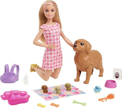 Barbie Doll & Newborn Pups Playset with Mom Dog, 3 Color-Change Puppies ...
