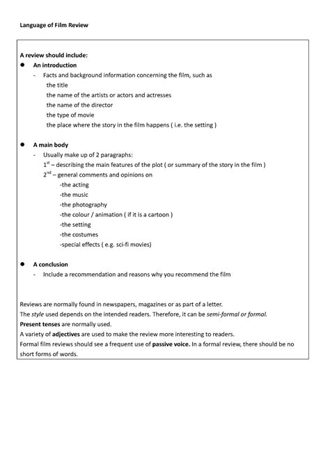 Language of Film Review - grade 9 - Language of Film Review A review should include: z An - Studocu