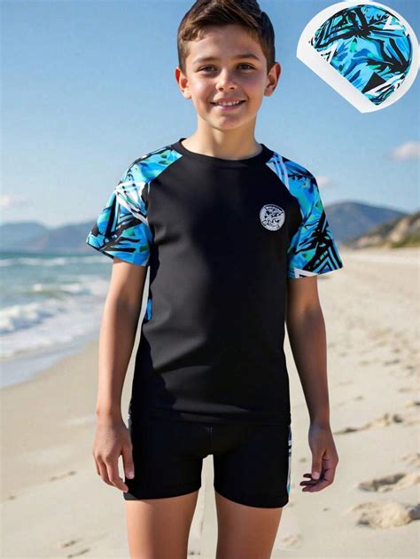 Tween Boys Plant Print Short Sleeve Rash Guard And Swim Shorts 2 Pieces ...