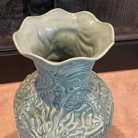 Vintage Celadon Green LARGE Asian Floor Vase Very Ornate Dragons - Etsy