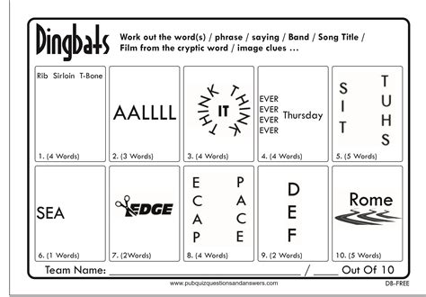 Free Dingbats Quiz | Quiz questions and answers, Quizzes and answers, Pub quiz questions