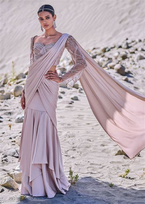 Beige Satin Pre Draped Saree With Embroidered Corset Blouse