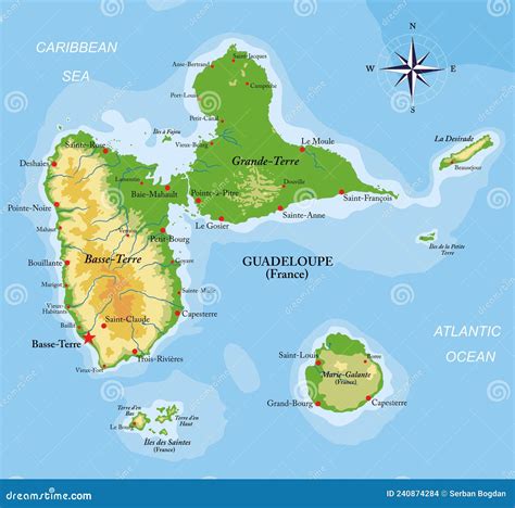 Guadeloupe Islands Highly Detailed Physical Map Stock Vector ...