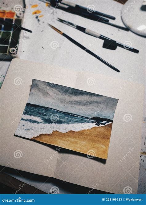 Beach Watercolor Painting on Watercolor Art Paper Stock Image - Image ...