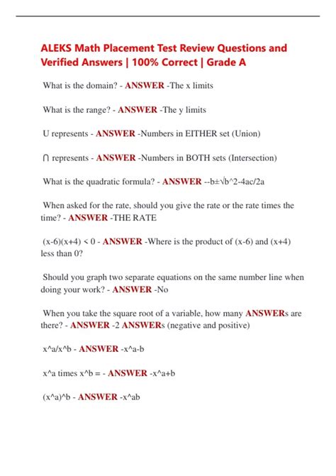 ALEKS Math Placement Test Review Questions and Verified Answers | 100% ...
