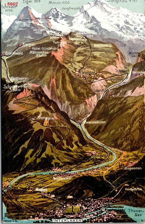 Vtg Interlaken Switzerland Bernese Oberland Swiss Alps Map 1910s ...