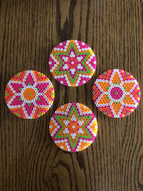 Perler hama bead pink mandala coasters – Artofit