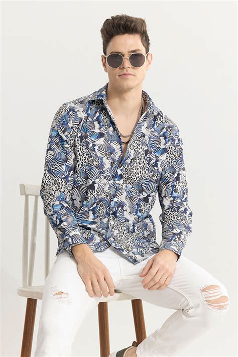 Buy Men's Feline Montage Blue Shirt Online | SNITCH