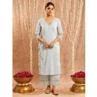 Dark Green Lace work Cotton Lurex Suit - Set of 3