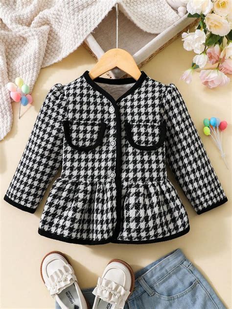 SHEIN Young Girl Houndstooth Print Contrast Binding Peplum Overcoat ...