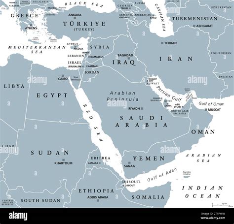 The Middle East, gray political map. Geopolitical region encompassing the Arabian Peninsula, the ...