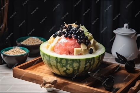 Premium Photo | Ice melon bingsu famous korean icecream