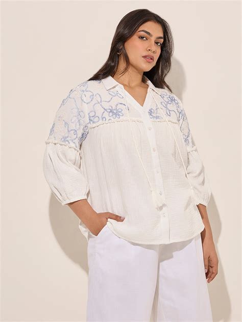 Buy Gia White Floral Embroidered Cotton Shirt from Westside