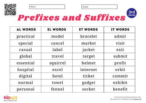 Prefixes & Suffixes Spelling List Worksheet For Grade 3 - Kidpid