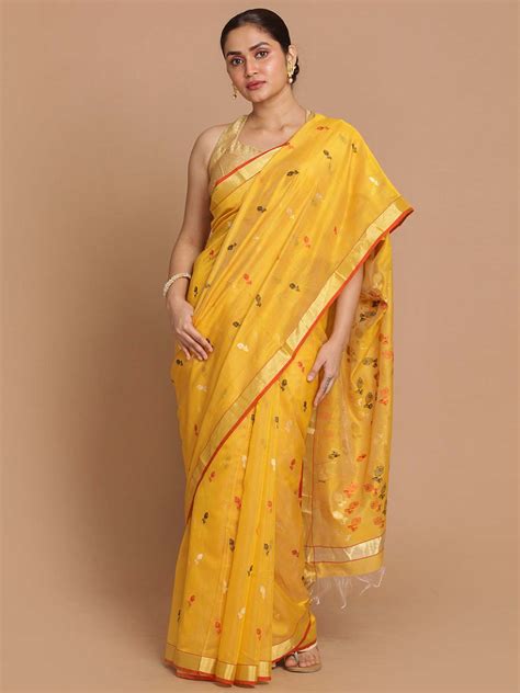 Chanderi Handloom Silk Cotton Saree - www.indethnic.com