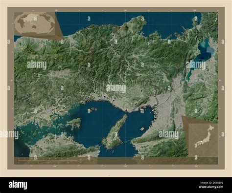 Hyogo, prefecture of Japan. High resolution satellite map. Locations of major cities of the ...