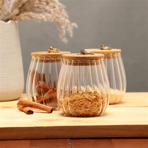 Buy Bonhomie Pack of 3 Textured Glass Jar with Lid Online