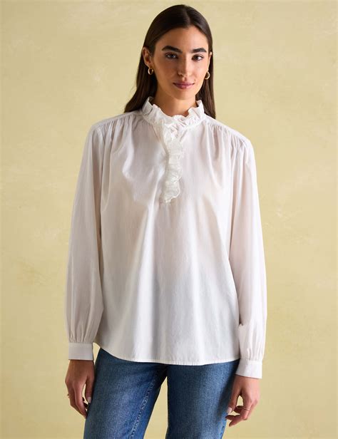 Pure Cotton High Neck Ruffle Blouse | Joules | M&S