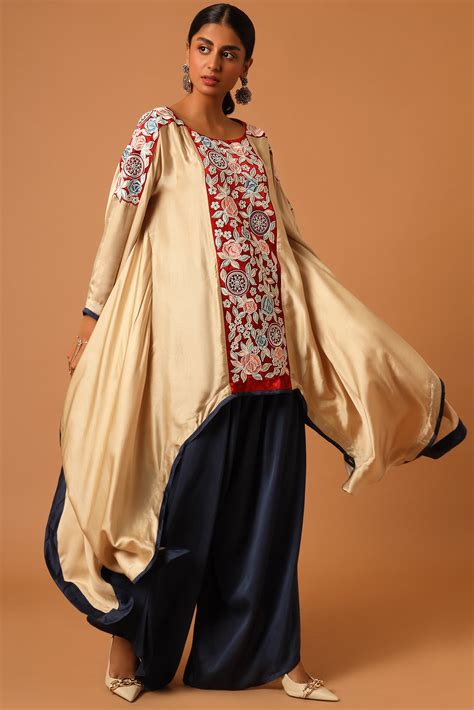Beige embroidered Asymmetrical Kaftan set. – Sejal Kamdar Designs