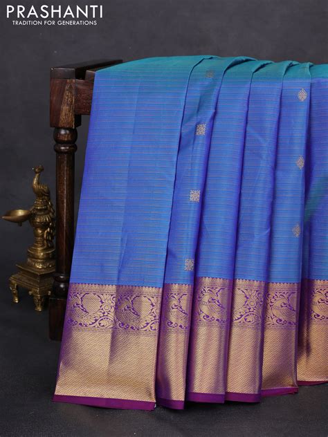 Pure kanchipuram silk saree cs blue and purple with allover zari woven ...