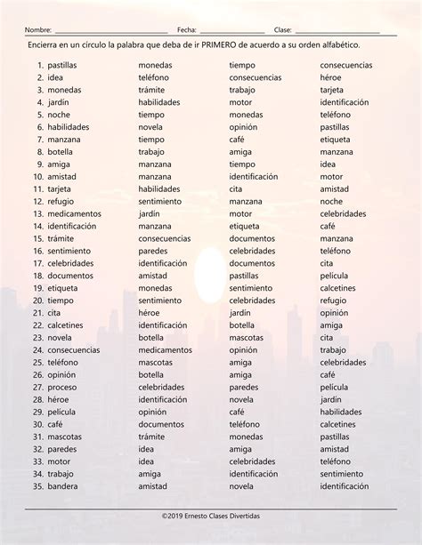 Common Nouns 1 Alphabetical Order II Spanish Worksheet | Teaching Resources