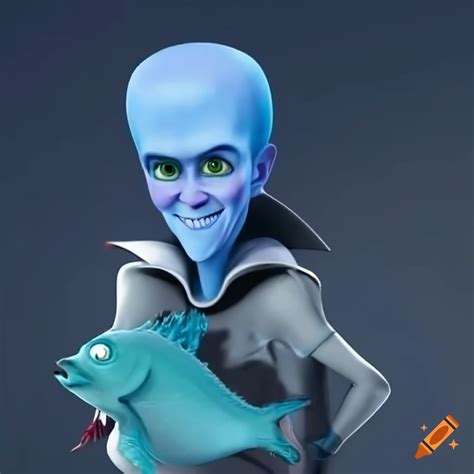Megamind holding a fish and presenting it to the camera on Craiyon