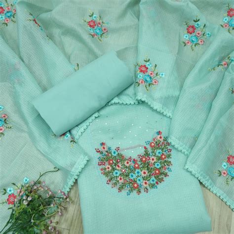 Gulbahar Aqua Blue Floral Thread Neck Work Kota Doriya Suit Set ...
