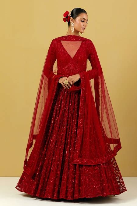 Buy Red Net, Georgette Sequins, Embroidery Plunge Neck Anarkali With ...