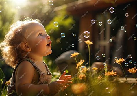 Premium AI Image | A playful image of a freckled baby blowing bubbles ...