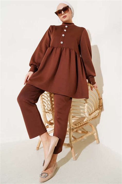 Brown Stone Buttoned Scuba Two-Piece Set - VOLT CLOTHİNG | ElbiseBul