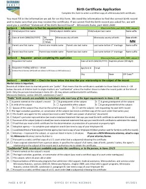 Fillable Online Birth Certificate Application MN - Rice County Fax ...