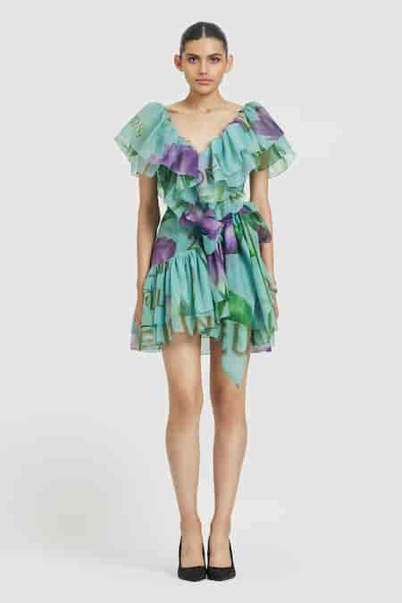 Buy Blue Organza Ruffles V-neck Lisianthus Print Dress For Women by ...