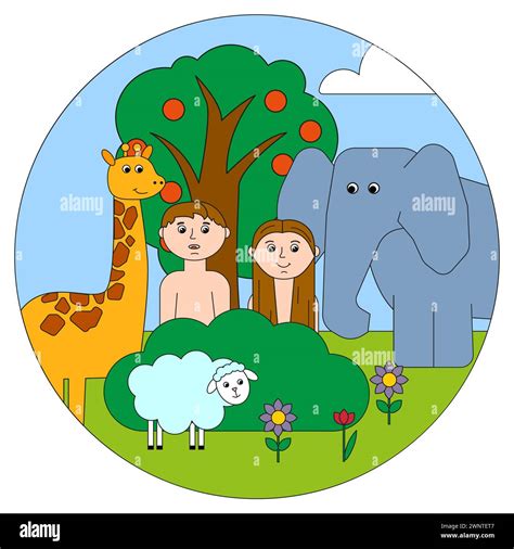 Creation of man, animals in Eden. Serene divine garden. Peaceful ...